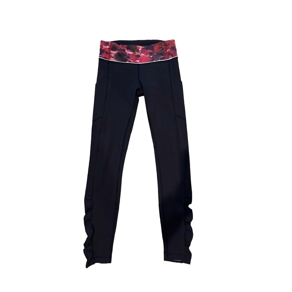 Lululemon Women's 4 Speed Full Length Tights Black w/ Floral Waist Side Pockets